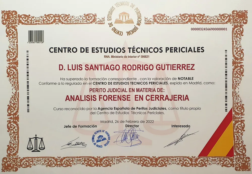 Título: Perito Judicial en Análisis Forense en Cerrajería (Notable). Reconocido por la Agencia Española de Peritos Judiciales — Centro de Estudios Técnicos Periciales